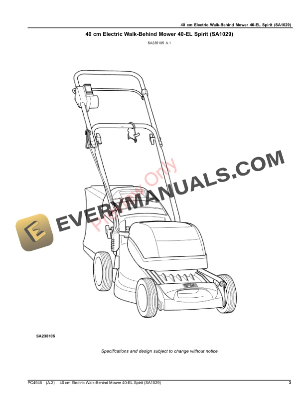 John Deere 40 cm Electric Walk-Behind Mower 40-EL Spirit (SA1029) Parts Catalog PC4948 20JAN17 4 John Deere 40 cm Electric Walk-Behind Mower 40-EL Spirit (SA1029) Parts Catalog PC4948 20JAN17-3