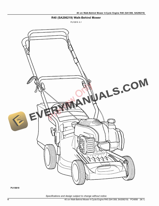 John Deere 40 cm Walk-Behind Mower 4-Cycle Engine R40 (SA1308, SA206219) Parts Catalog PC4856 24JUL20-4