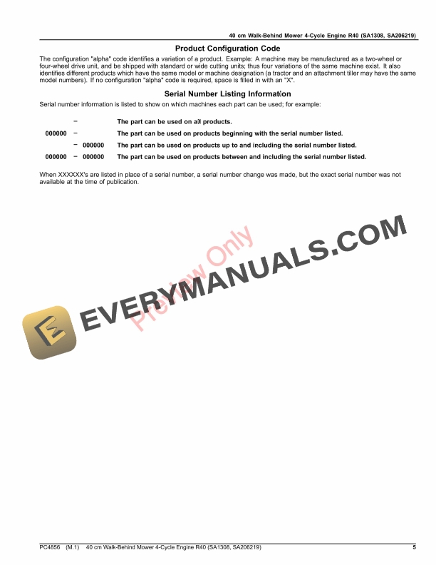 John Deere 40 cm Walk-Behind Mower 4-Cycle Engine R40 (SA1308, SA206219) Parts Catalog PC4856 24JUL20-5