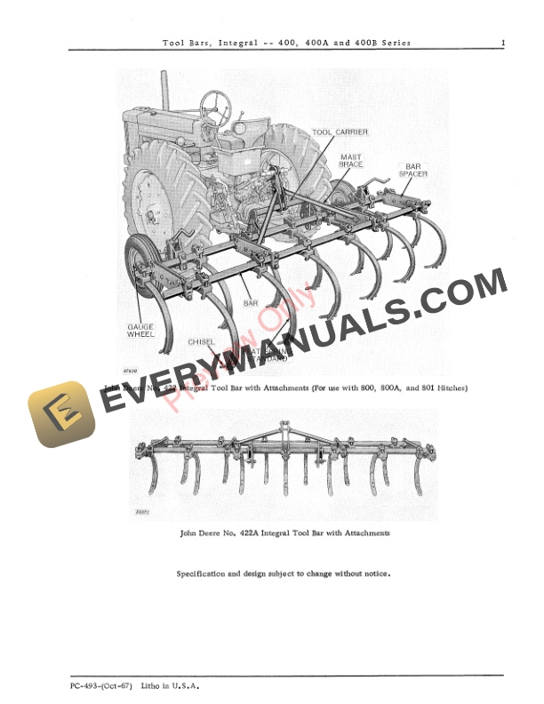 John Deere 400, 400A, 400B Series Integral Toolbars Parts Catalog PC493 01OCT67 4 John Deere 400, 400A, 400B Series Integral Toolbars Parts Catalog PC493 01OCT67-3