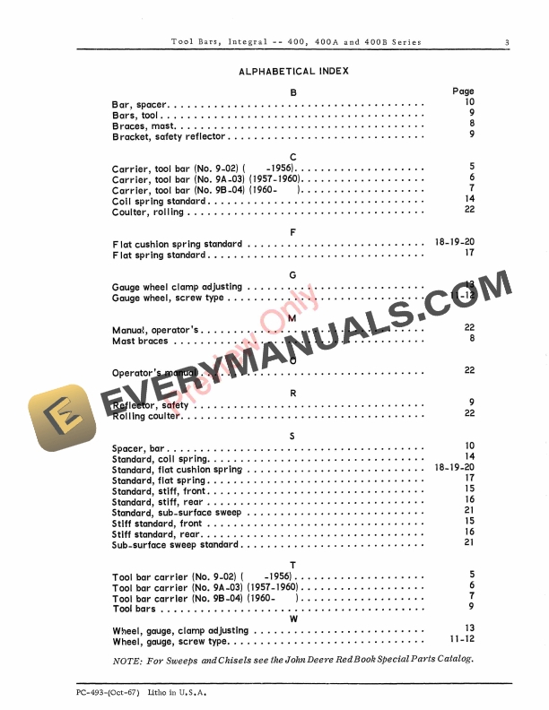 John Deere 400, 400A, 400B Series Integral Toolbars Parts Catalog PC493 01OCT67 6 John Deere 400, 400A, 400B Series Integral Toolbars Parts Catalog PC493 01OCT67-5