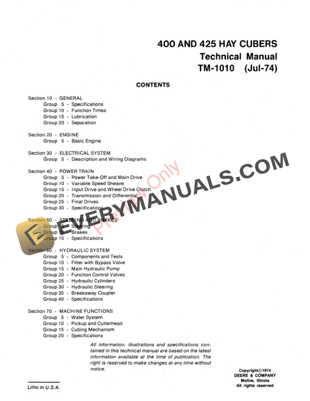John Deere 400 425 Hay Cuber Technical Manual TM1010 01JUL74 3