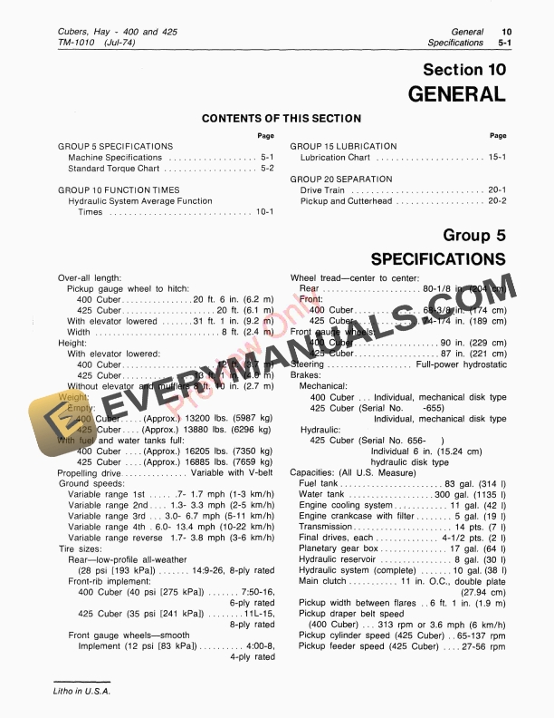 John Deere 400 425 Hay Cuber Technical Manual TM1010 01JUL74 5