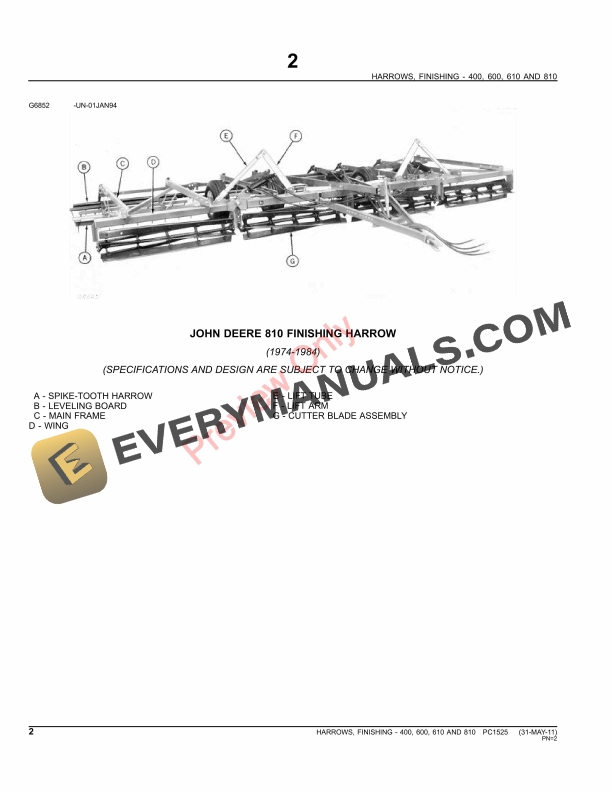 John Deere 400, 600, 610, 810 Finishing Harrows Parts Catalog PC1525 31MAY11 5 John Deere 400, 600, 610, 810 Finishing Harrows Parts Catalog PC1525 31MAY11-4