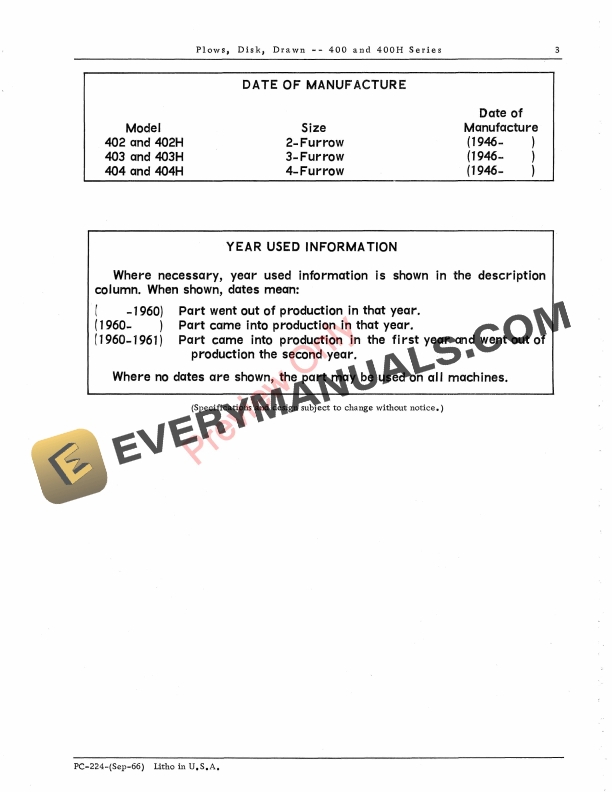 John Deere 400 Drawn Disk Plow – 400, 400H Series Parts Catalog PC224 01SEP66-5