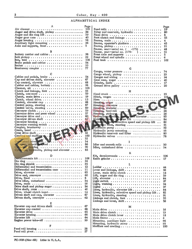 John Deere 400 Hay Cuber Parts Catalog PC939 01NOV68-4