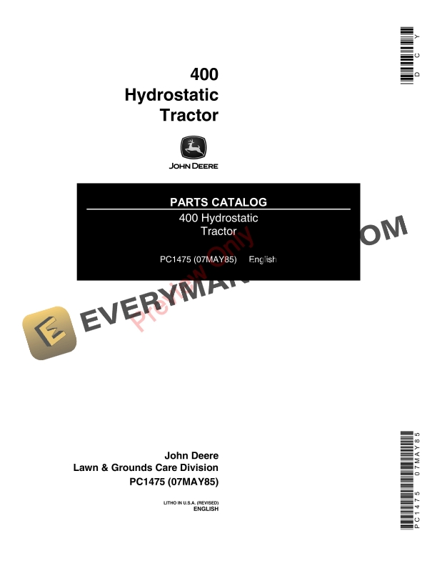 John Deere 400 Hydrostatic Tractor Parts Catalog PC1475 07MAY85-1