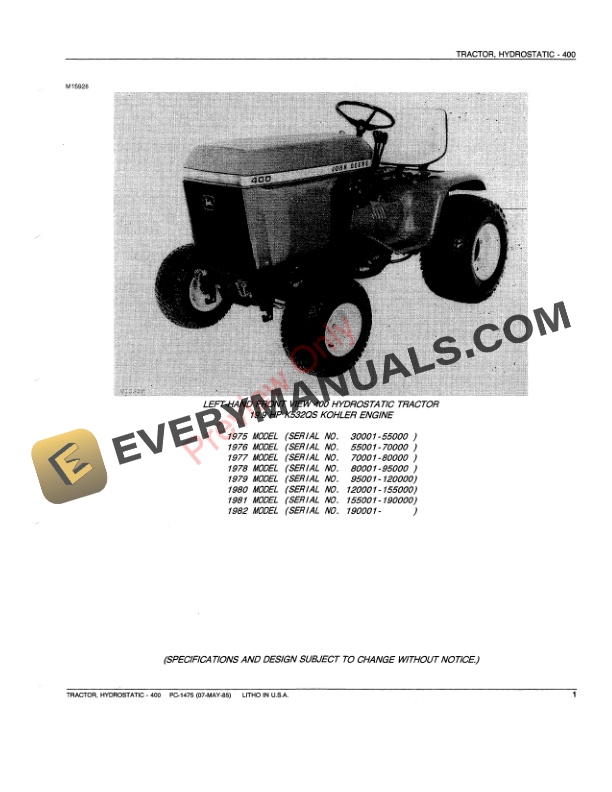 John Deere 400 Hydrostatic Tractor Parts Catalog PC1475 07MAY85 4 John Deere 400 Hydrostatic Tractor Parts Catalog PC1475 07MAY85-3
