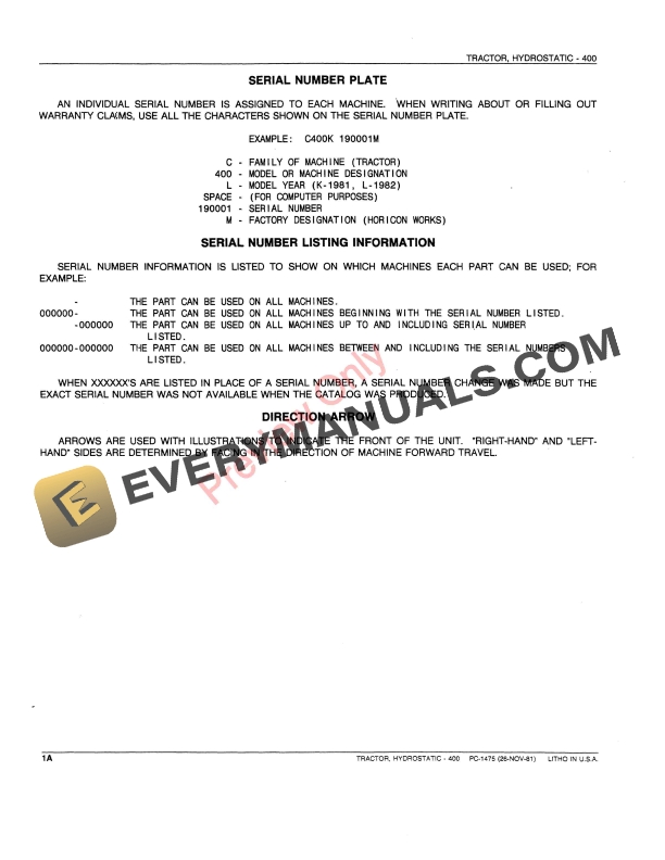John Deere 400 Hydrostatic Tractor Parts Catalog PC1475 07MAY85 5 John Deere 400 Hydrostatic Tractor Parts Catalog PC1475 07MAY85-4