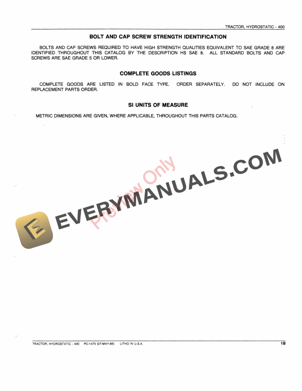 John Deere 400 Hydrostatic Tractor Parts Catalog PC1475 07MAY85 6 John Deere 400 Hydrostatic Tractor Parts Catalog PC1475 07MAY85-5