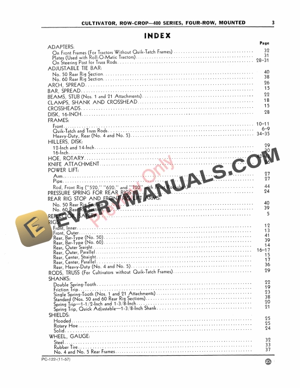 John Deere 400 Series Four-Row Cultivators Parts Catalog PC122 01DEC56 7 John Deere 400 Series Four-Row Cultivators Parts Catalog PC122 01DEC56-5