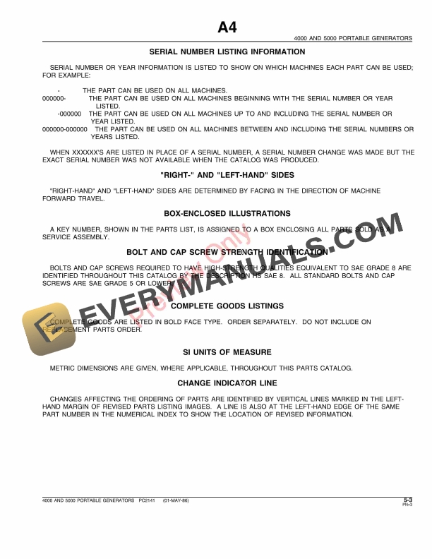 John Deere 4000, 5000 Portable Generators Parts Catalog PC2141 01MAY86-5