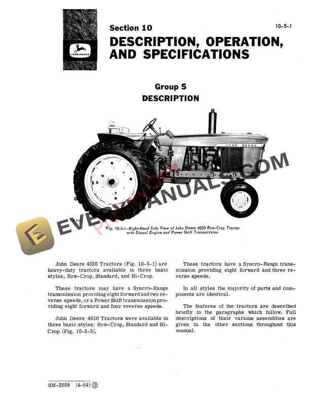 John Deere 4000 Series Tractors Service Manual SM2039 01APR67 5