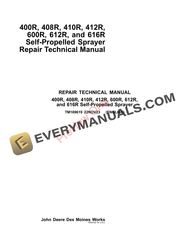 John Deere 400R, 408R, 410R, 412R, 600R, 612R, and 616R Self Repair Technical Manual TM169619 01JUN22-1