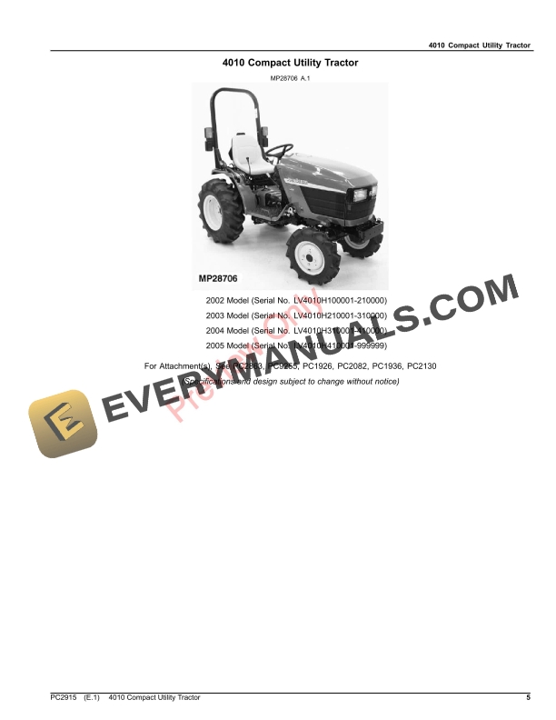 John Deere 4010 COMPACT UTILITY TRACTOR Parts Catalog PC2915 03APR23-5