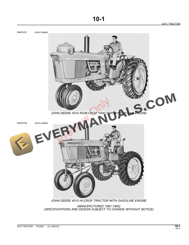 John Deere 4010 Tractor wRow-Crop (LP-GasDiesel), Hi Parts Catalog PC0691 11MAY11 4 John Deere 4010 Tractor wRow Crop LP GasDiesel Hi Parts Catalog PC0691 11MAY11 3