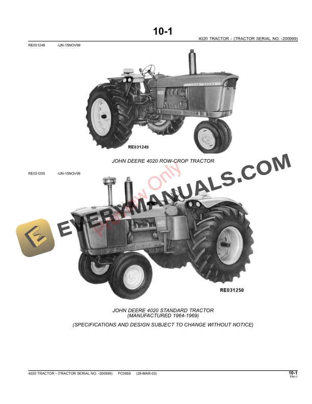 John Deere 4020 Tractor 200999 Parts Catalog PC0859 11MAY11 3