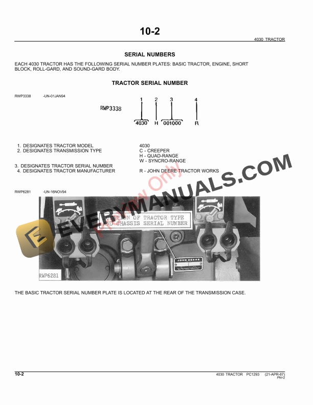 John Deere 4030 Tractor Parts Catalog PC1293 11MAY11-4