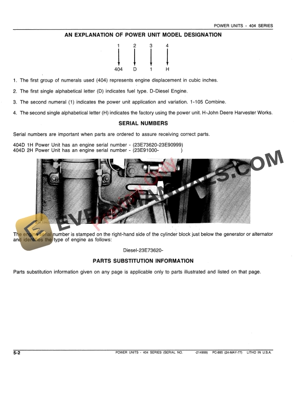 John Deere 404 Series Power Unit (-214999) Parts Catalog PC885 24MAY77-4