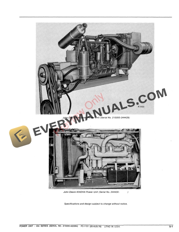 John Deere 404 Series Power Unit 215000 422364 Parts Catalog PC1151 20AUG76 3