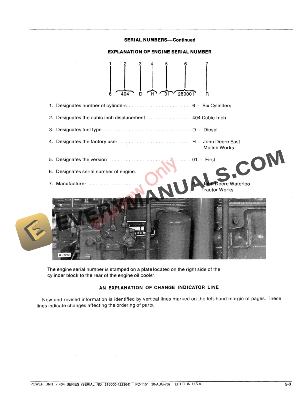 John Deere 404 Series Power Unit 215000 422364 Parts Catalog PC1151 20AUG76 5