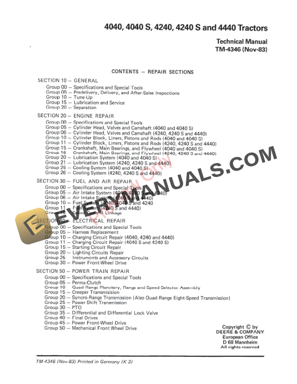 John Deere 4040 4040S 4240 4240S 4440 Tractors Technical Manual TM4346 01NOV83 3