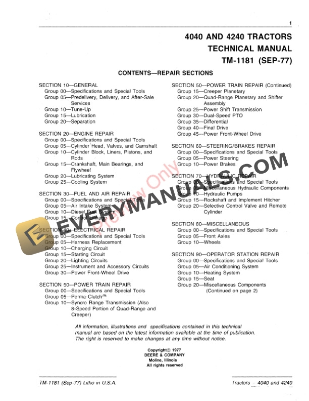 John Deere 4040 and 4240 ROW CROP TRACTOR Technical Manual TM1181 01NOV88 3