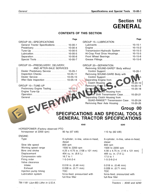 John Deere 4040 and 4240 ROW CROP TRACTOR Technical Manual TM1181 01NOV88 5