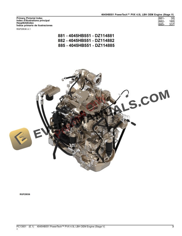 John Deere 4045HB551 PowerTech PVX 4.5L LBH OEM Engine (Stage V) Parts Catalog PC13931 26NOV23-3