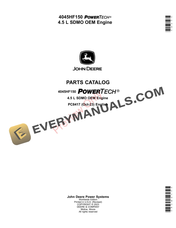 John Deere 4045HF150 PowerTech 4.5 L SDMO OEM Engine Parts Catalog PC8417 17OCT23-1