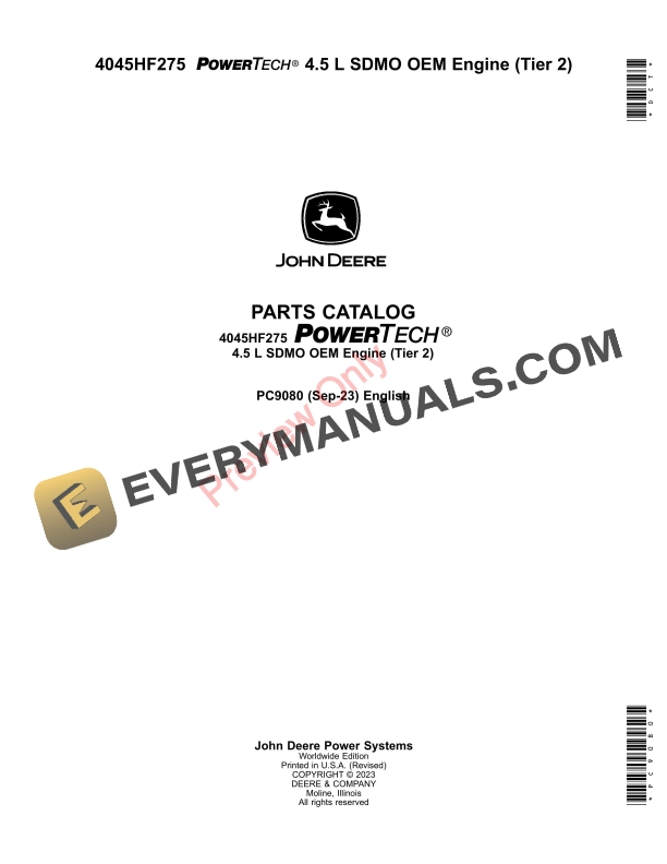 John Deere 4045HF275 PowerTech 4.5 L SDMO OEM Engine (Tier 2) Parts Catalog PC9080 17SEP23-1
