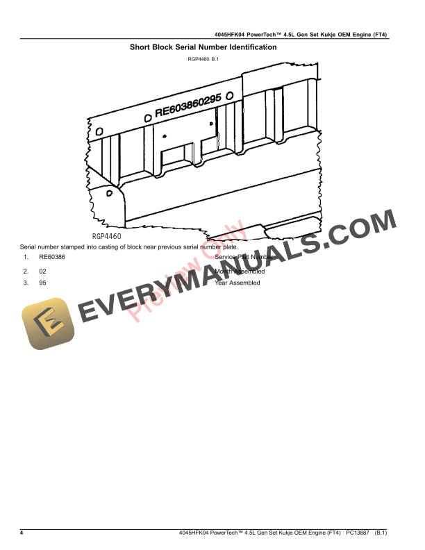 John Deere 4045HFK04 PowerTech 4.5L Gen Set Kukje OEM Engine (FT4) Parts Catalog PC13887 30SEP23-4