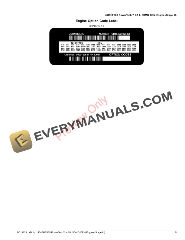 John Deere 4045HFS85 PowerTech 4.5 L SDMO OEM Engine (Stage III) Parts Catalog PC13823 26NOV23-5