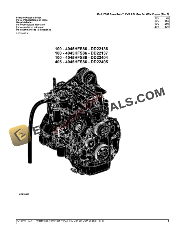 John Deere 4045HFS86 PowerTech PVX 4.5L Gen Set OEM Engine (Tier 3) Parts Catalog PC13749 24MAY21 4 John Deere 4045HFS86 PowerTech PVX 4.5L Gen Set OEM Engine (Tier 3) Parts Catalog PC13749 24MAY21-3