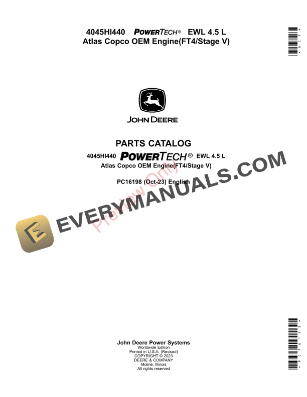 John Deere 4045HI440 PowerTech EWL 4.5 L Atlas Copco OEM Engine(FT4Stage V) Parts Catalog PC16198 09OCT23-1