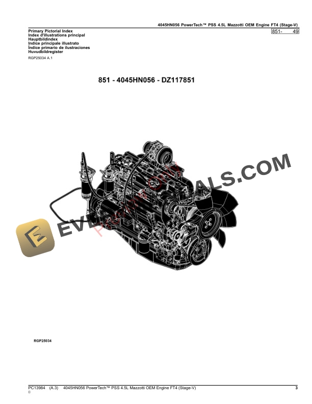 John Deere 4045HN056 PowerTech PSS 4.5L Mazzotti OEM Engine FT4 (Stage Parts Catalog PC13984 30MAR23-3