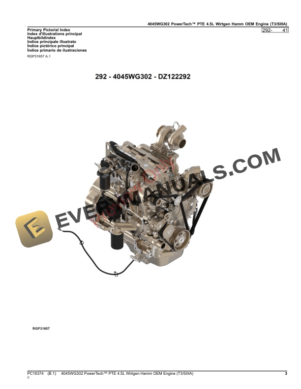 John Deere 4045WG302 PowerTech PTE 4.5L Wirtgen Hamm OEM Engine (T3SIIIA) Parts Catalog PC16374 26NOV23-3
