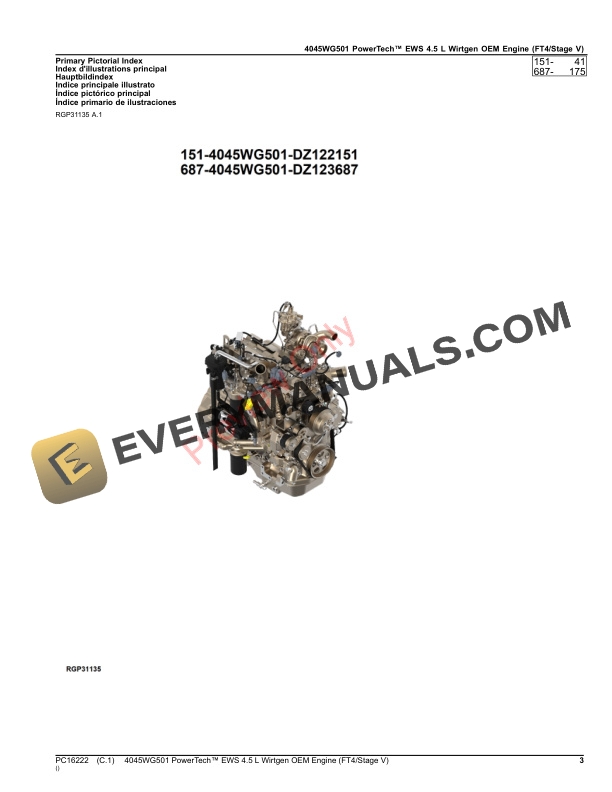 John Deere 4045WG501 PowerTech EWS 4.5 L Wirtgen OEM Engine (FT4Stage V) Parts Catalog PC16222 21SEP23-3