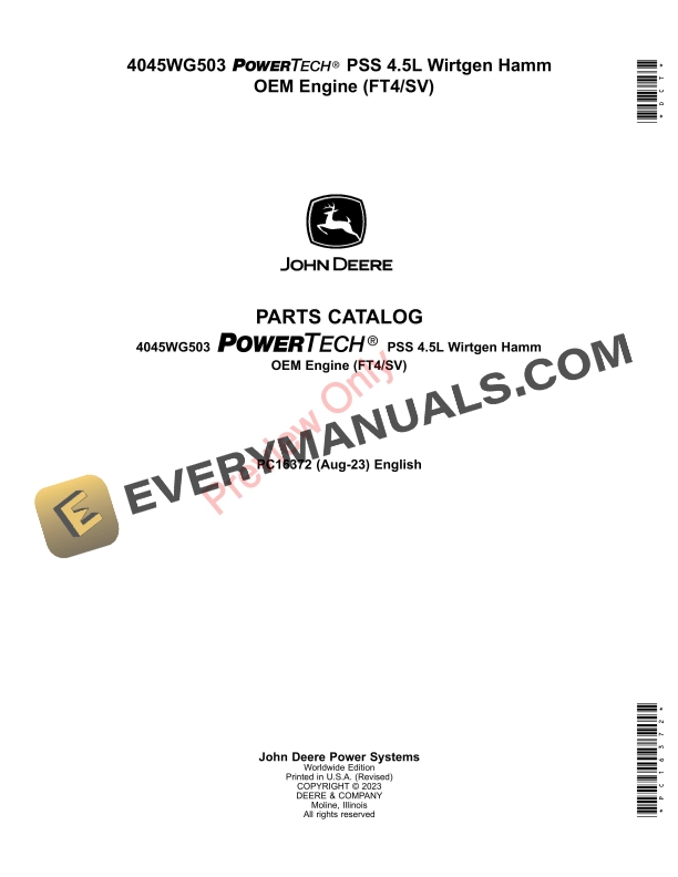 John Deere 4045WG503 PowerTech PSS 4.5L Wirtgen Hamm OEM Engine (FT4SV) Parts Catalog PC16372 20AUG23-1
