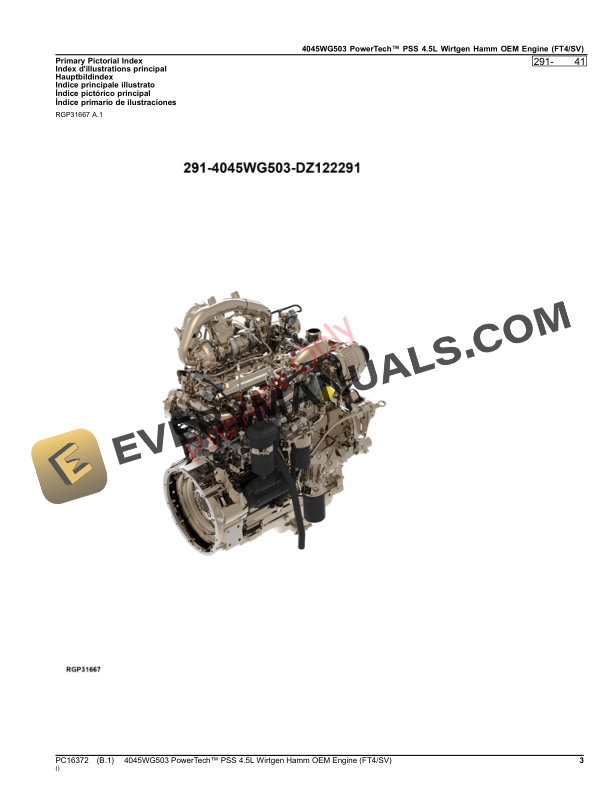 John Deere 4045WG503 PowerTech PSS 4.5L Wirtgen Hamm OEM Engine (FT4SV) Parts Catalog PC16372 20AUG23-3