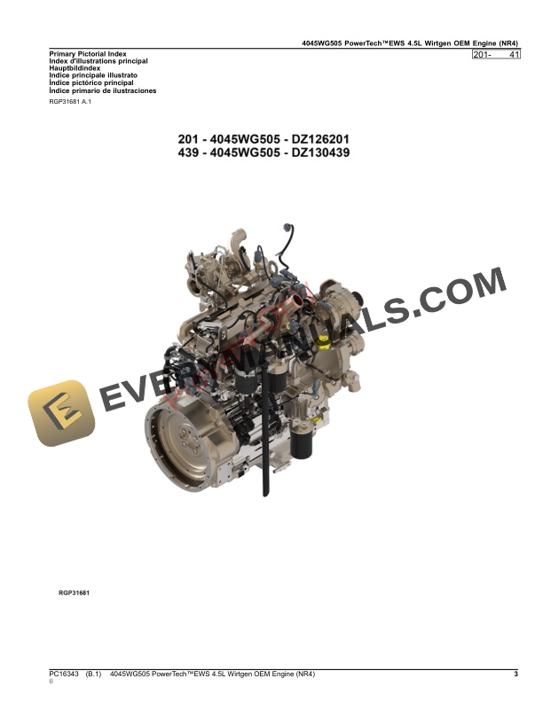 John Deere 4045WG505 PowerTechEWS 4.5L Wirtgen OEM Engine (NR4) Parts Catalog PC16343 08SEP23-3