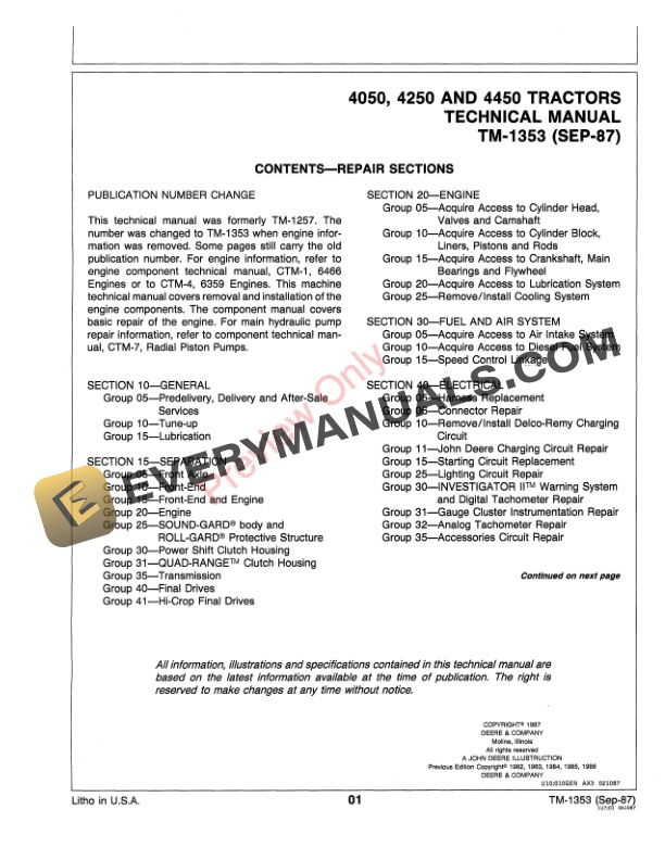 John Deere 4050 4250 4450 Tractors Technical Manual TM1353 01SEP87 3