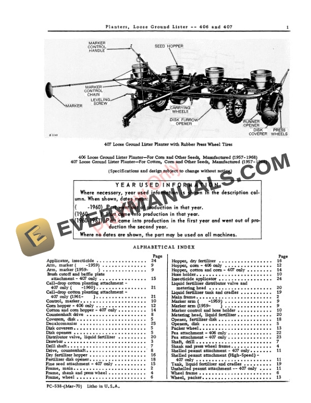 John Deere 406, 407 Loose Ground Lister Planters Parts Catalog PC538 01MAR70-3