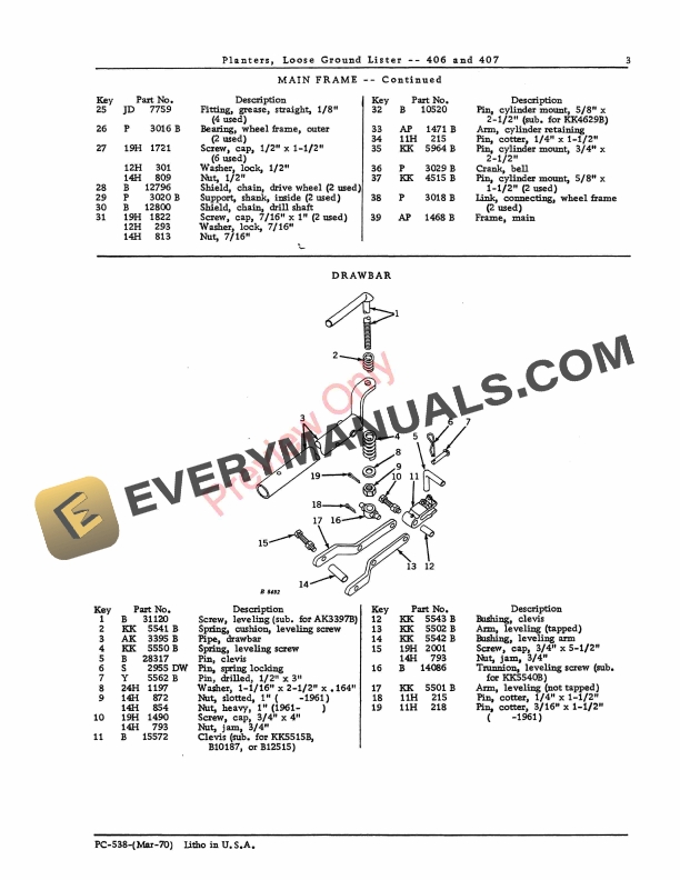 John Deere 406, 407 Loose Ground Lister Planters Parts Catalog PC538 01MAR70-5