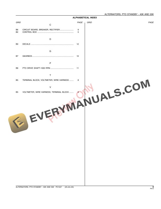 John Deere 40K, 55K PTO Standby Alternators Parts Catalog PC1527 23JUL93-5