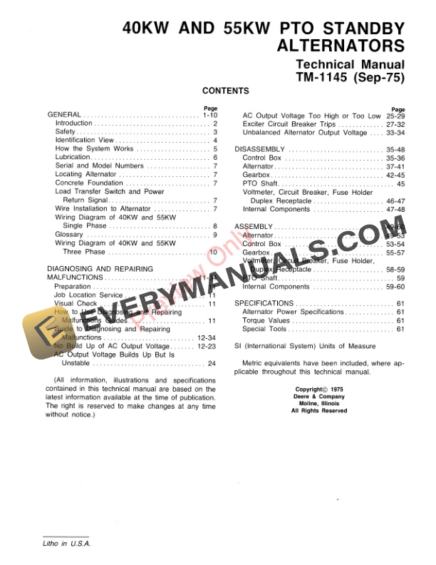 John Deere 40KW and 55KW PTO Standby Alternator Technical Manual TM1145 01SEP75 3