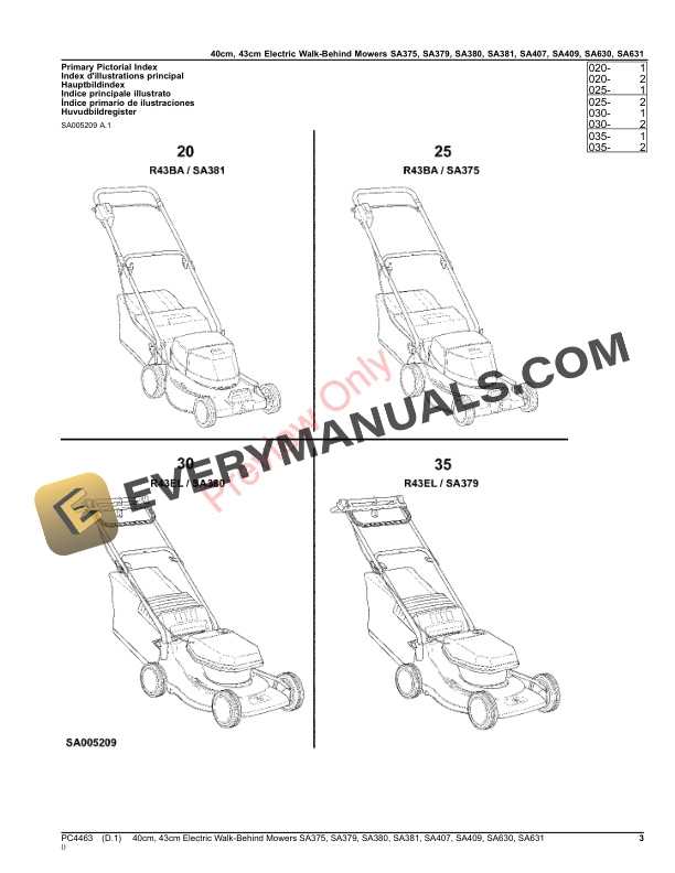 John Deere 40cm, 43cm Electric Walk-Behind Mowers SA375, SA379, SA380, SA381, SA407, SA409, SA630, SA631 Parts Catalog PC4463 14OCT20-3