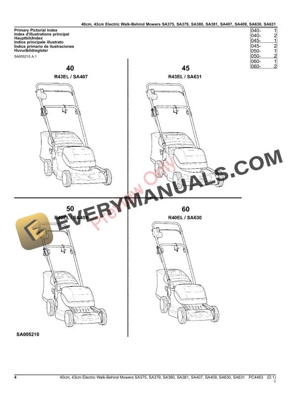John Deere 40cm, 43cm Electric Walk-Behind Mowers SA375, SA379, SA380, SA381, SA407, SA409, SA630, SA631 Parts Catalog PC4463 14OCT20-4