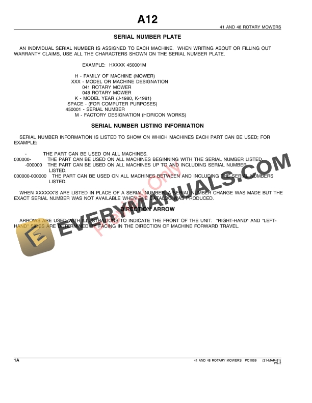 John Deere 41, 48 Rotary Mowers Parts Catalog PC1069 29JUL91 5 John Deere 41 48 Rotary Mowers Parts Catalog PC1069 29JUL91 4