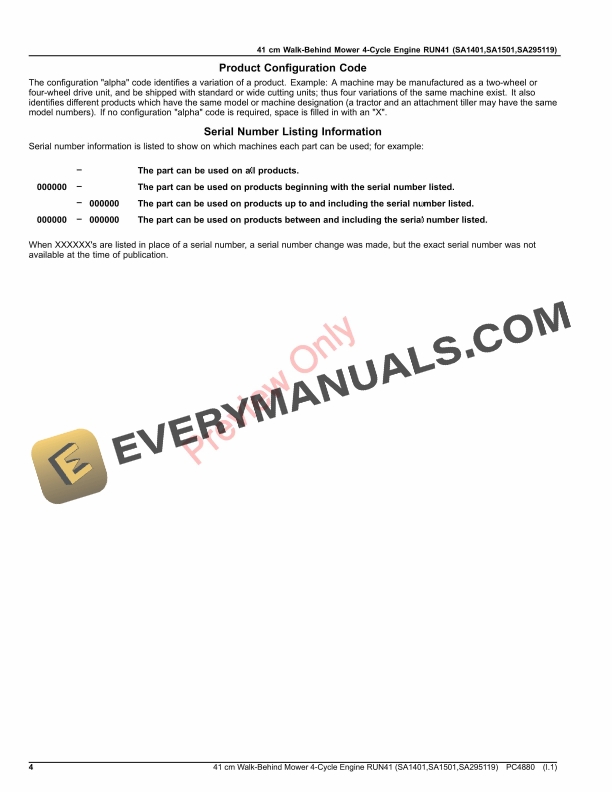 John Deere 41 cm Walk-Behind Mower 4-Cycle Engine RUN41 (SA1401, SA1501, SA295119) Parts Catalog PC4880 09AUG19 5 John Deere 41 cm Walk-Behind Mower 4-Cycle Engine RUN41 (SA1401, SA1501, SA295119) Parts Catalog PC4880 09AUG19-4